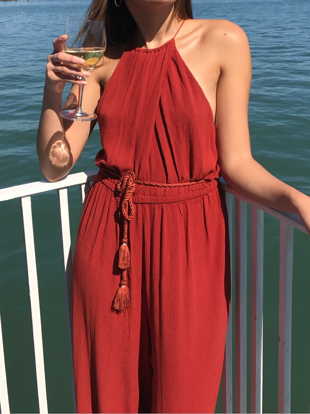 Anthropologie Rust-Red Halter Jumpsuit